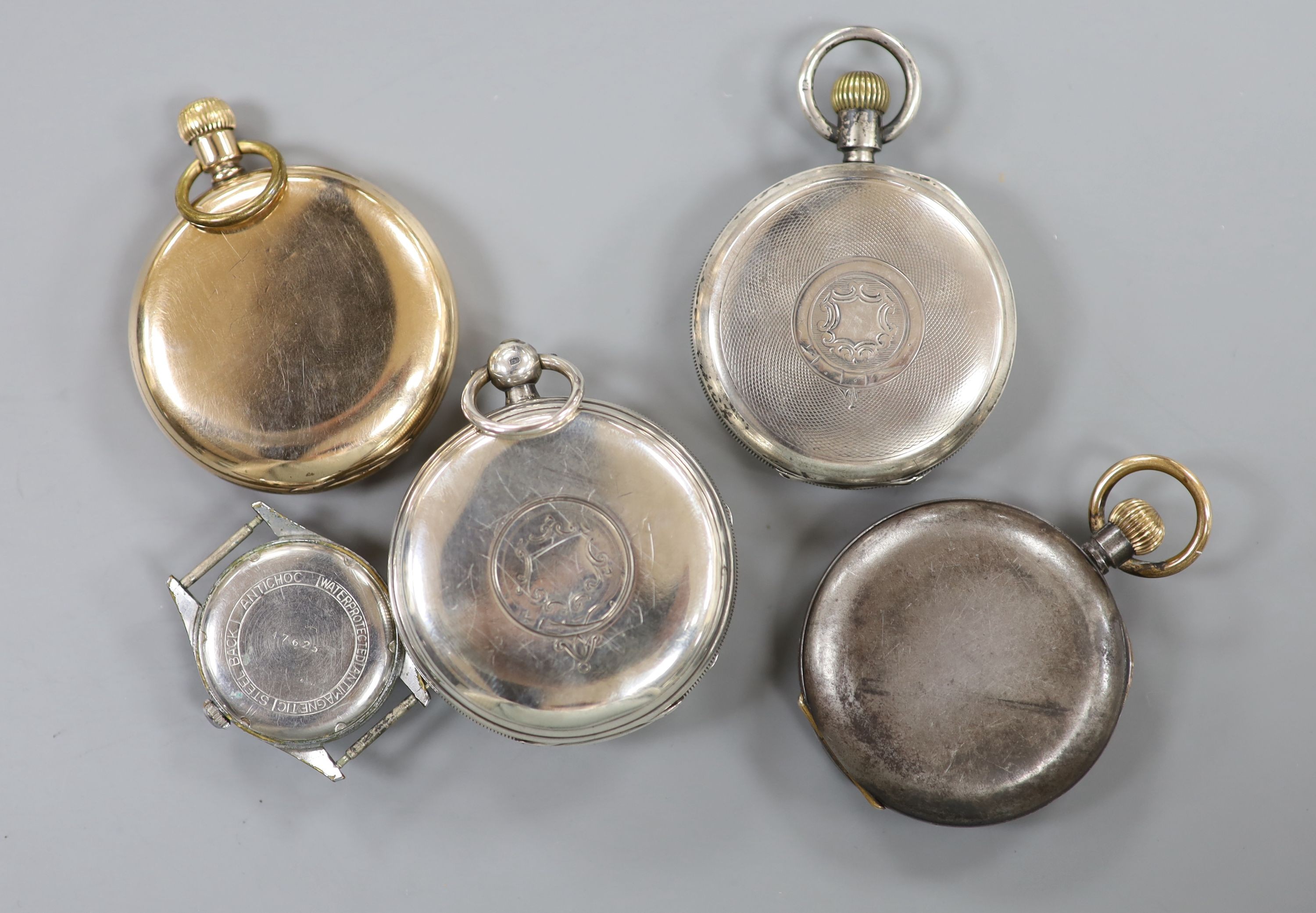 Two silver open face pocket watches including Victorian by Harris of Manchester, two other pocket watches and a wrist watch.